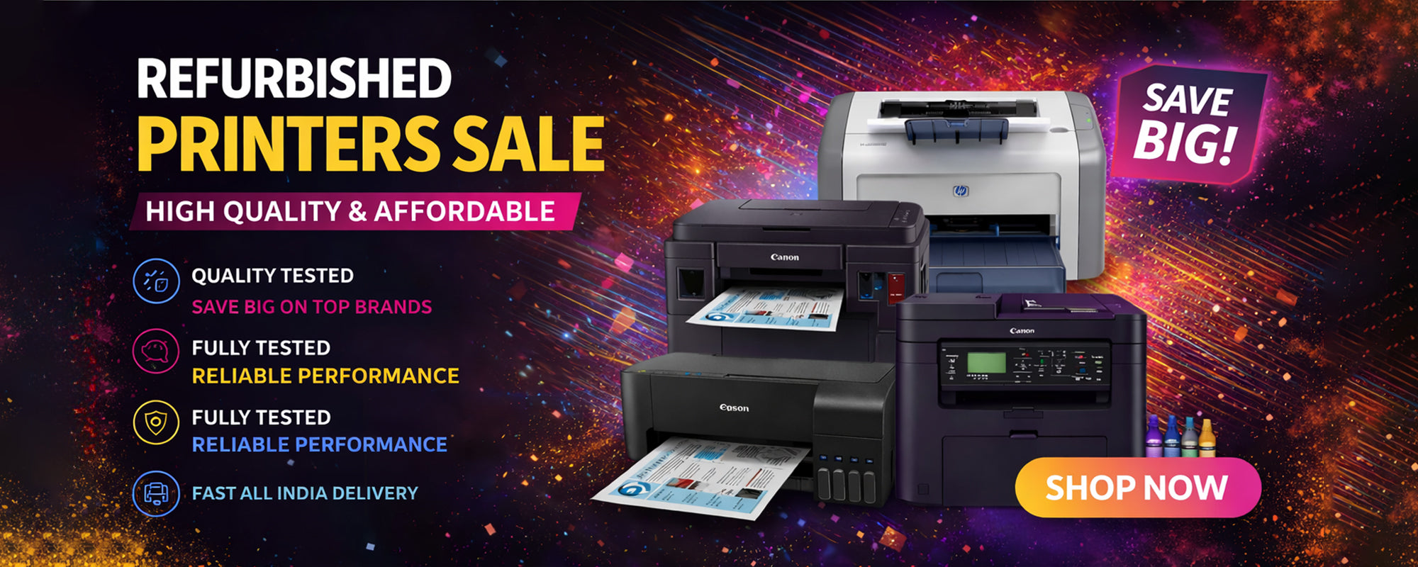 Advertisement for refurbished printers sale with various printers 